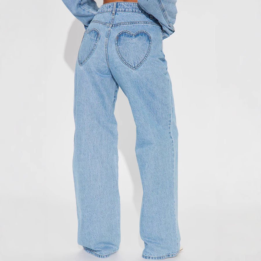 Straight Slimming Trousers Love Pocket High Waist Loose Jeans.