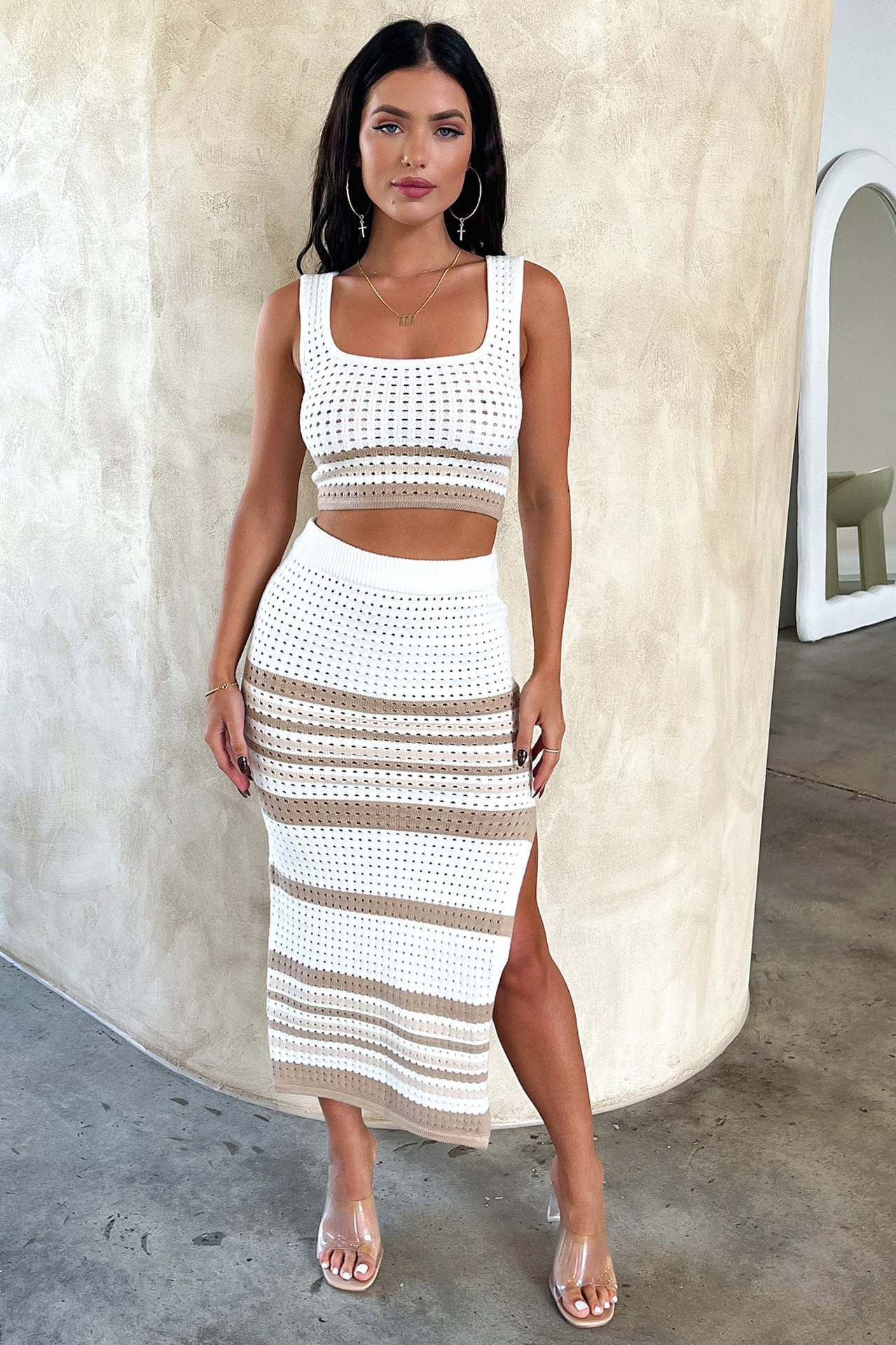 Summer New Sleeveless Vest Sexy Slit Striped Skirt Knitting Suit.