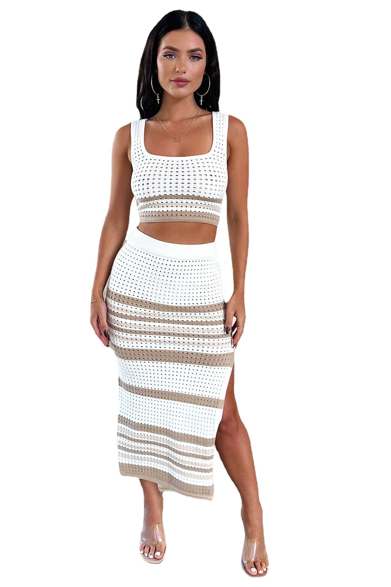 Summer New Sleeveless Vest Sexy Slit Striped Skirt Knitting Suit.