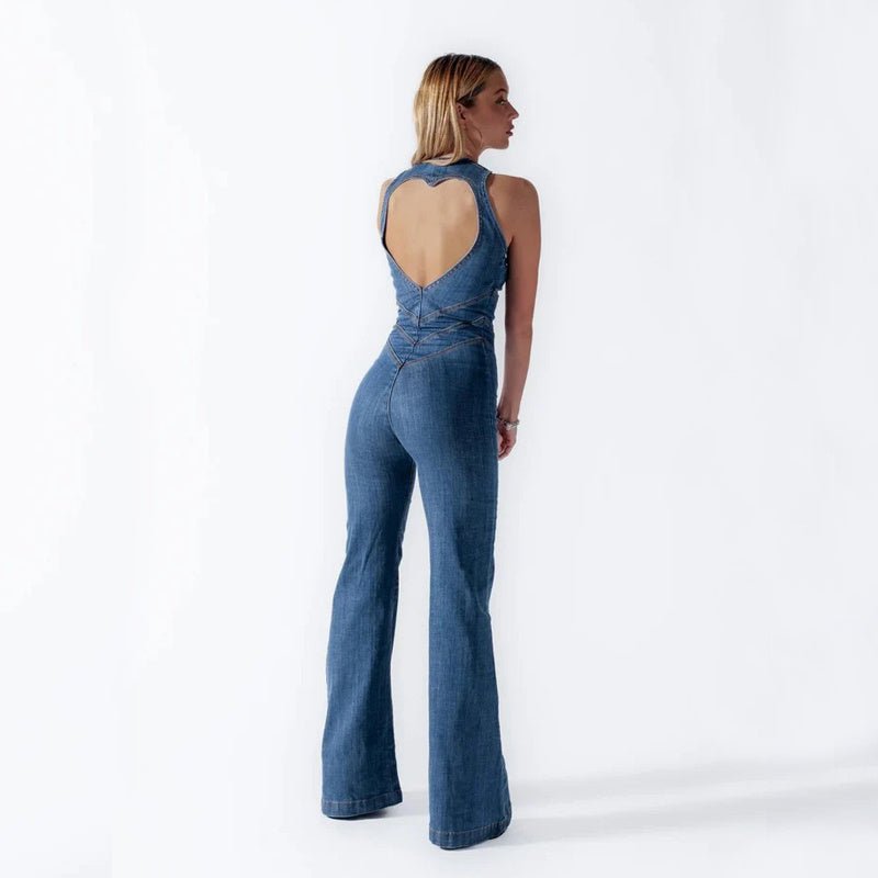 Summer Slim Heart-shape Backless Denim Jumpsuit Women Halter Neck Zip Up High Waist Panst Retro Style Clothing.