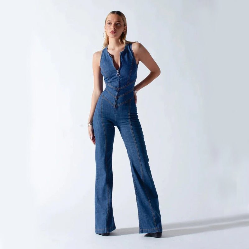 Summer Slim Heart-shape Backless Denim Jumpsuit Women Halter Neck Zip Up High Waist Panst Retro Style Clothing.