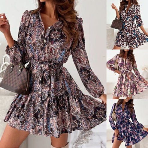 V-neck Printed Long Sleeve Tied Lotus Leaf Patchwork Shirt Dress.