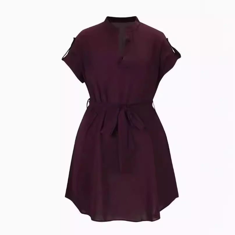 V-neck Short Sleeve Dress With Belt Summer Fashion Bowknot Dresses For Women Clothing.