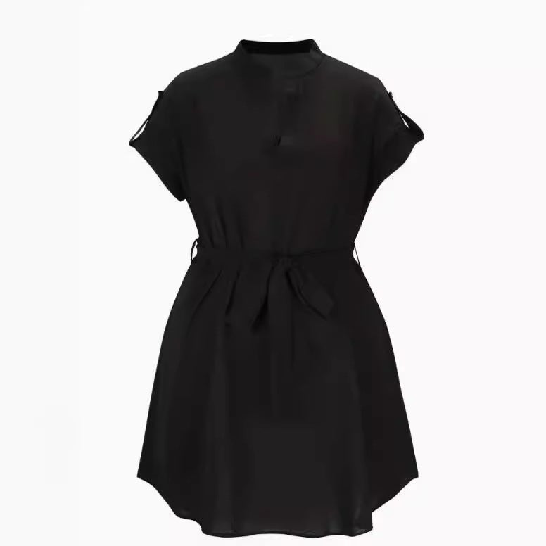 V-neck Short Sleeve Dress With Belt Summer Fashion Bowknot Dresses For Women Clothing.