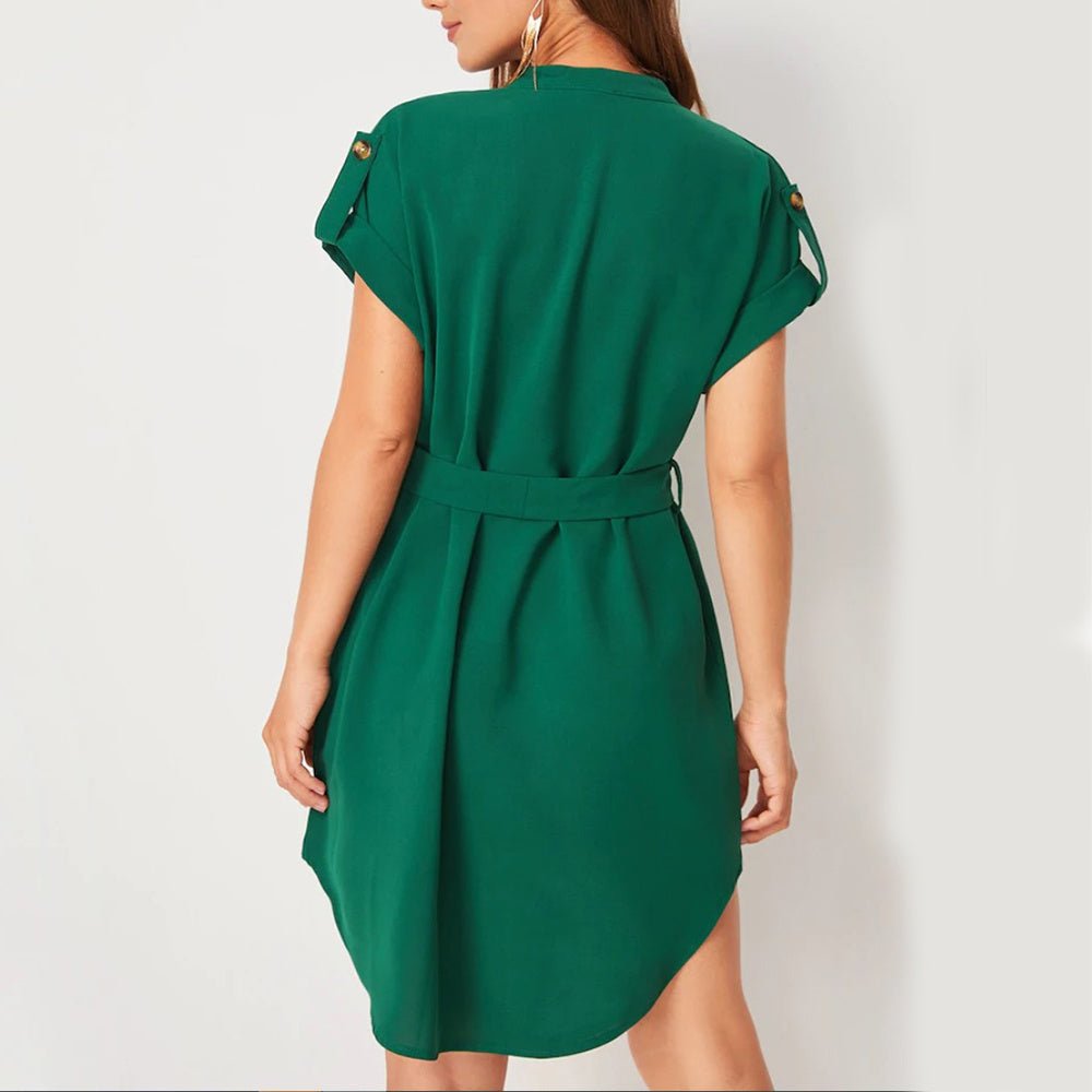 V-neck Short Sleeve Dress With Belt Summer Fashion Bowknot Dresses For Women Clothing.