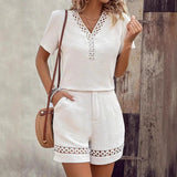 V-neck Stitching Short Sleeve Solid Color Shorts Suit Women.