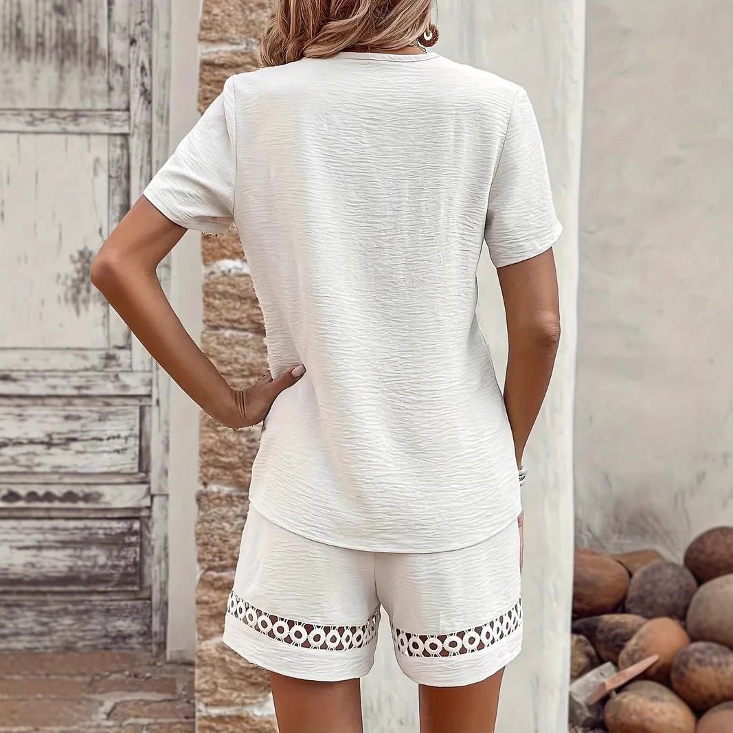V-neck Stitching Short Sleeve Solid Color Shorts Suit Women.