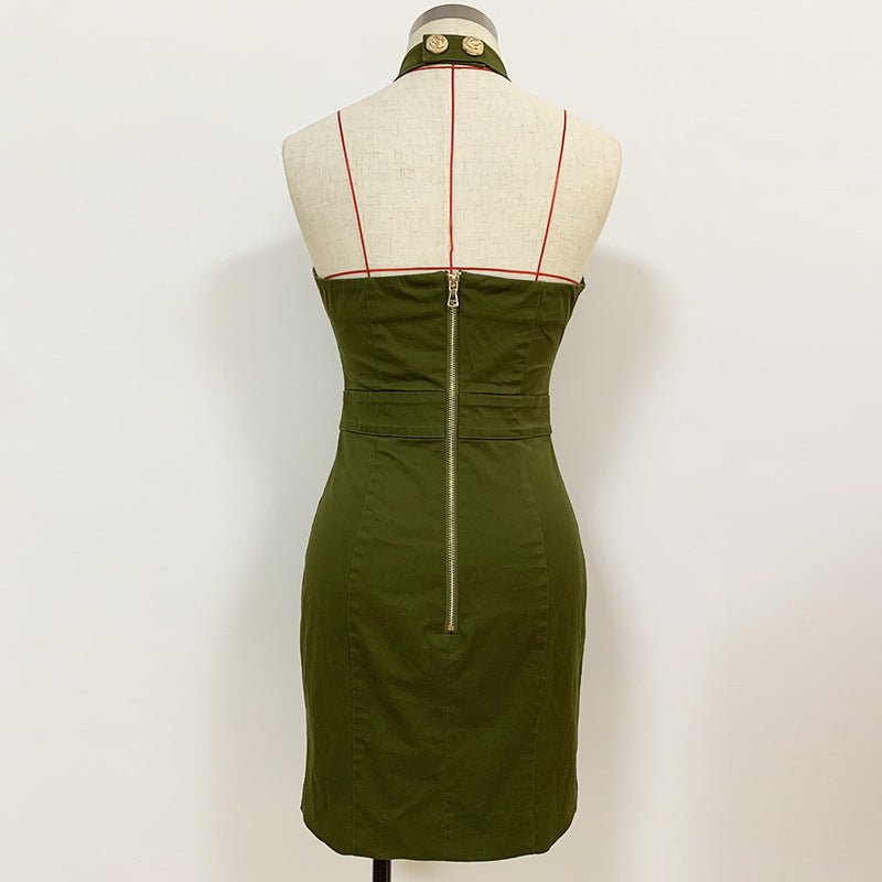 Women Lion Buttons Chain Green Cotton Backless Halter Dress.