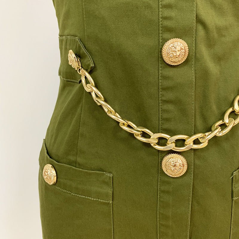 Women Lion Buttons Chain Green Cotton Backless Halter Dress.