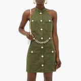 Women Lion Buttons Chain Green Cotton Backless Halter Dress.