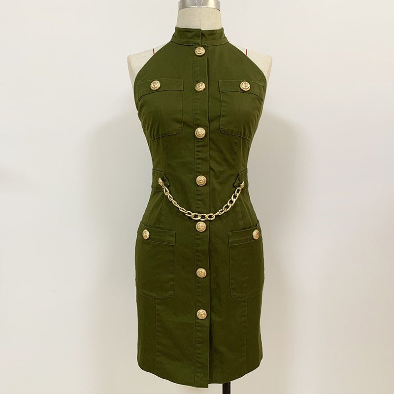 Women Lion Buttons Chain Green Cotton Backless Halter Dress.