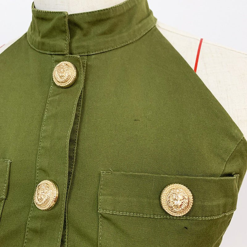 Women Lion Buttons Chain Green Cotton Backless Halter Dress.