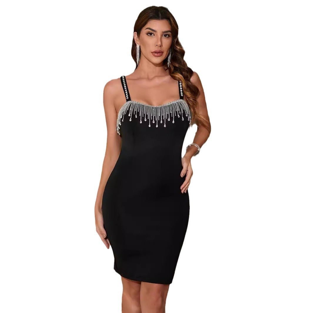 Women Sexy Dress Ladies Party Night Birthday Fringe Slit Sleeveless Body Dress Summer Elegant Sling Short Mini Pencil Skirt.
