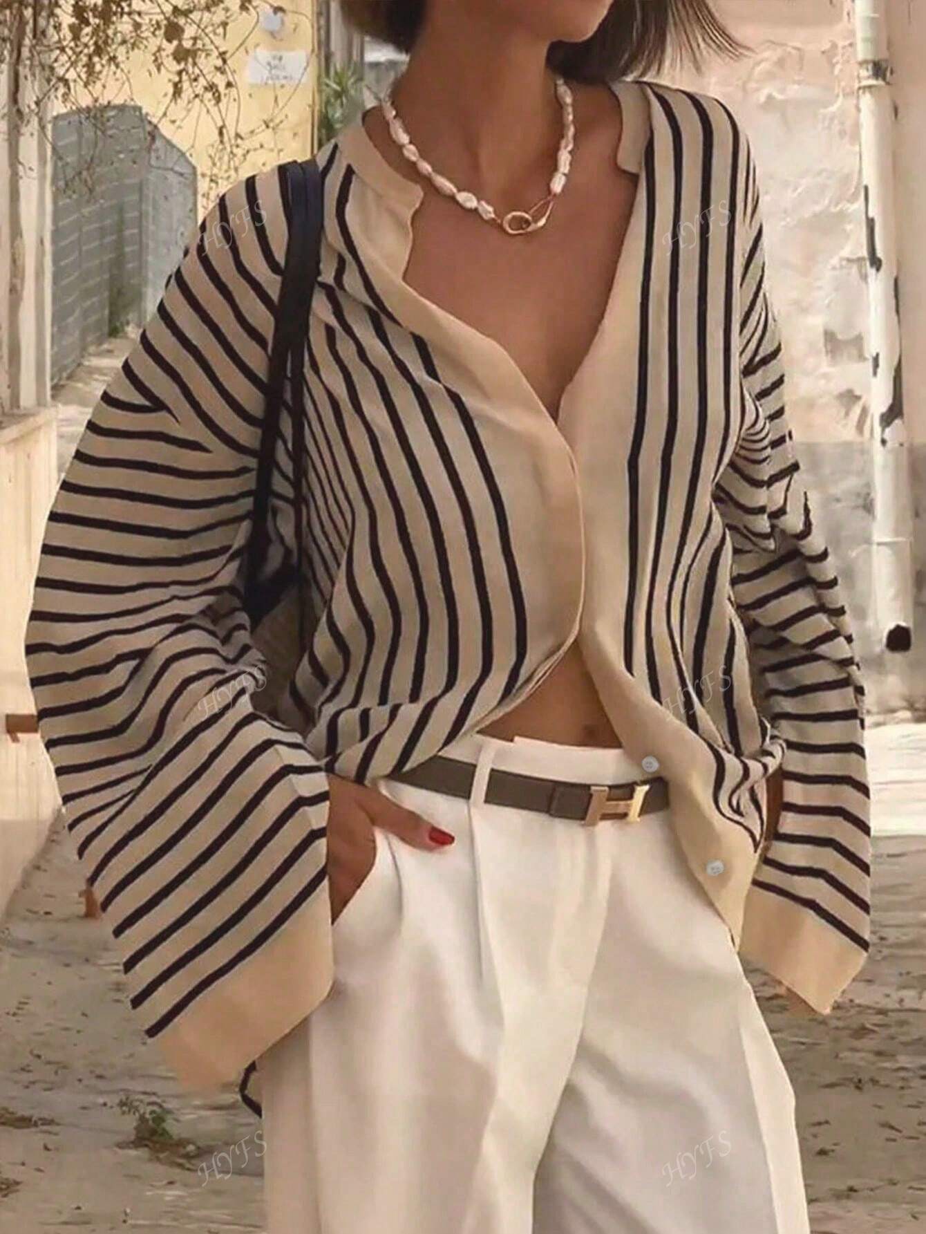 Women's Fashion Elegant Casual Loose Fit Striped Blouse.