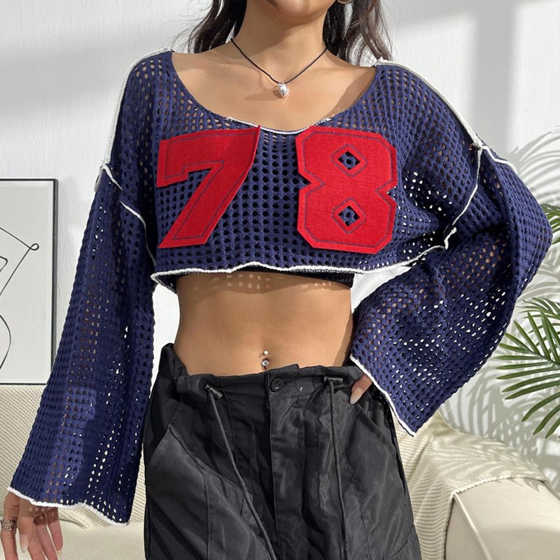 Women's Flared Sleeve Cropped Sexy Short Casual Hollow Sweater.