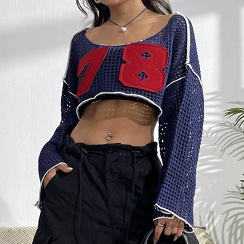 Women's Flared Sleeve Cropped Sexy Short Casual Hollow Sweater.