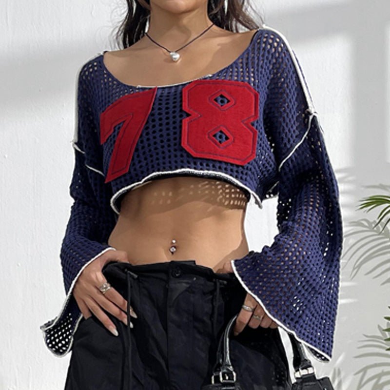Women's Flared Sleeve Cropped Sexy Short Casual Hollow Sweater.