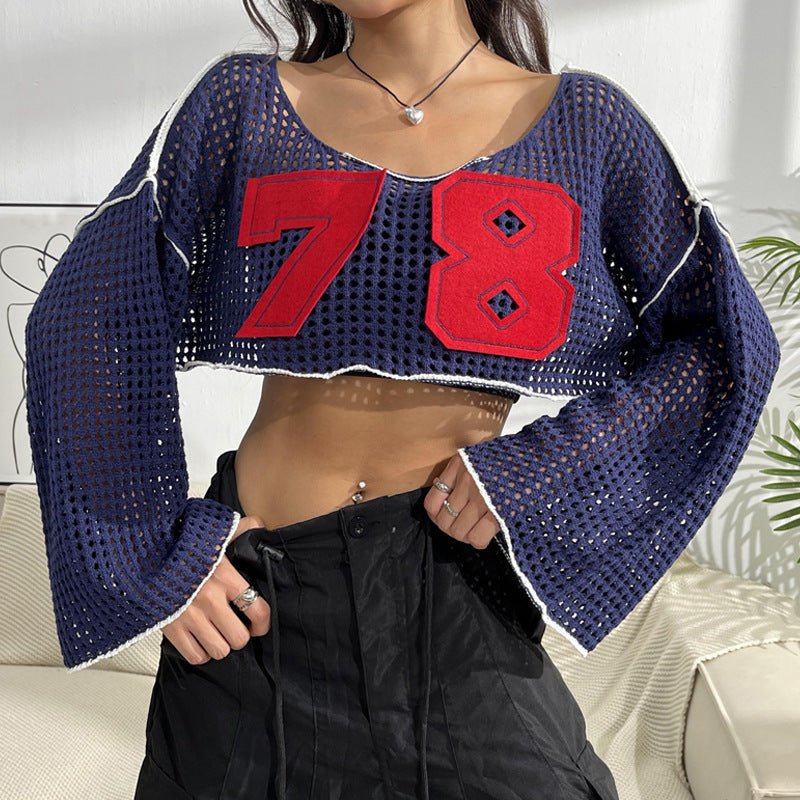 Women's Flared Sleeve Cropped Sexy Short Casual Hollow Sweater.