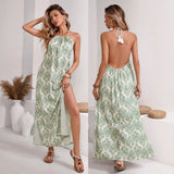 Women's Halter Tassel Lace-up Backless Slit Holiday Dress.