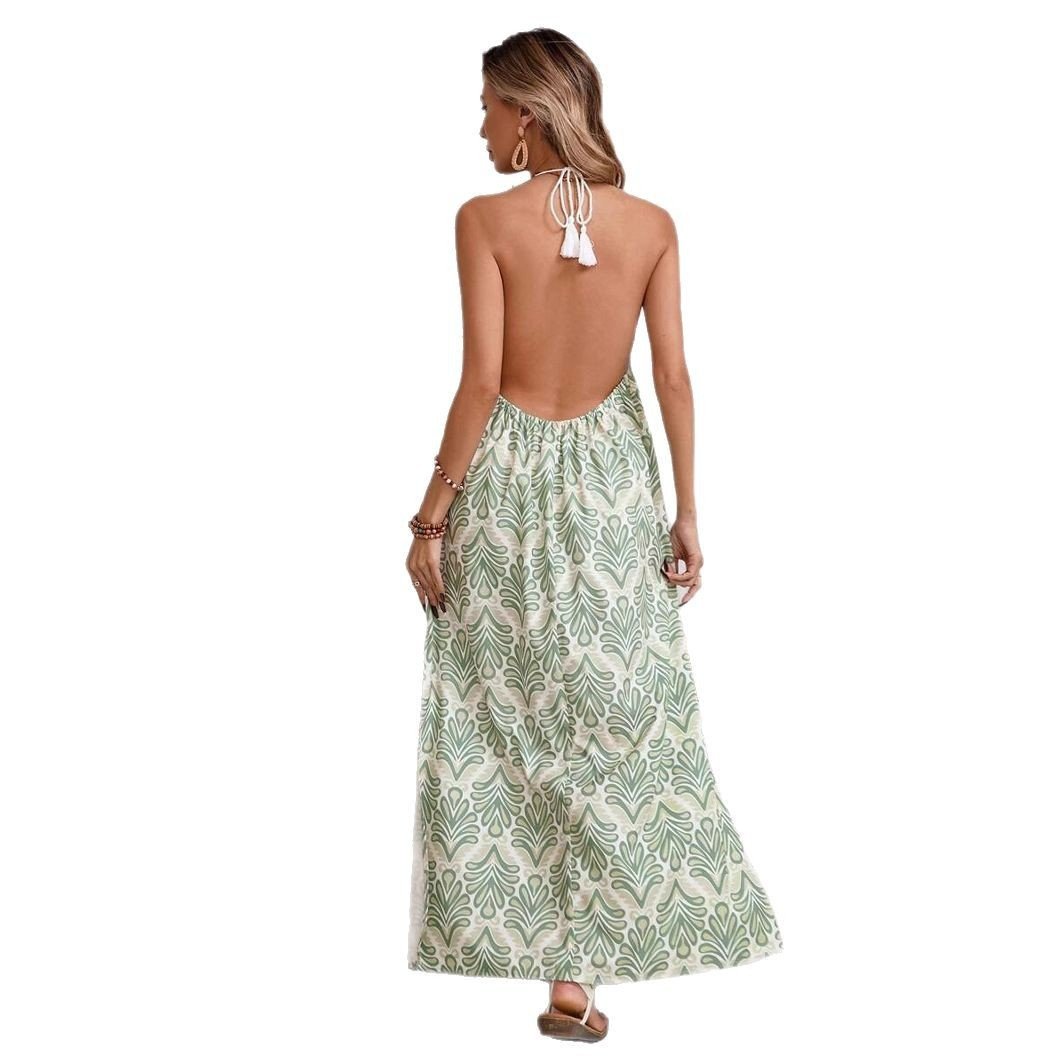Women's Halter Tassel Lace-up Backless Slit Holiday Dress.