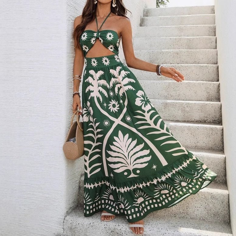 Women's Holiday Style Printed Front Cross Mid-length Dress.