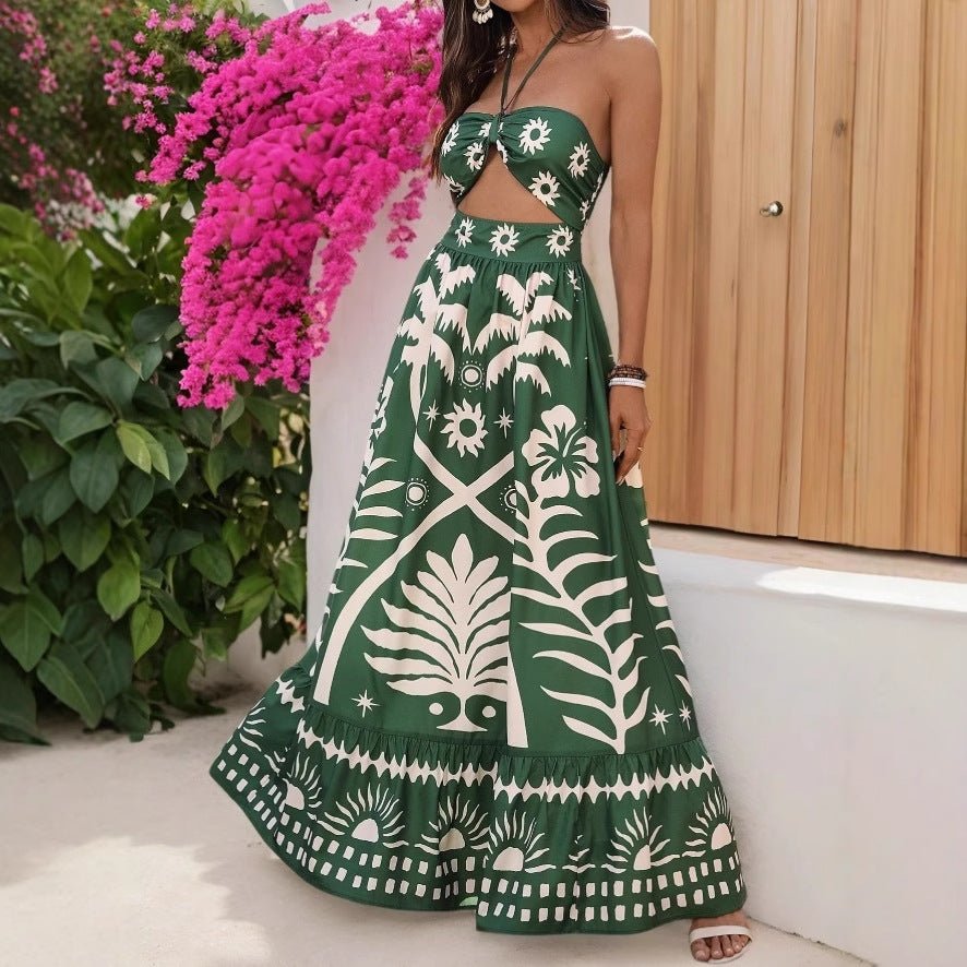 Women's Holiday Style Printed Front Cross Mid-length Dress.