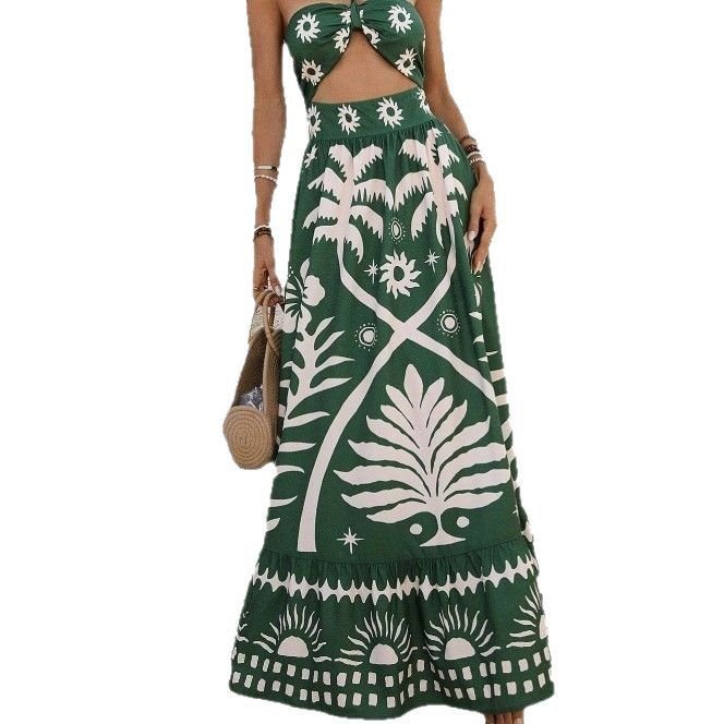 Women's Holiday Style Printed Front Cross Mid-length Dress.