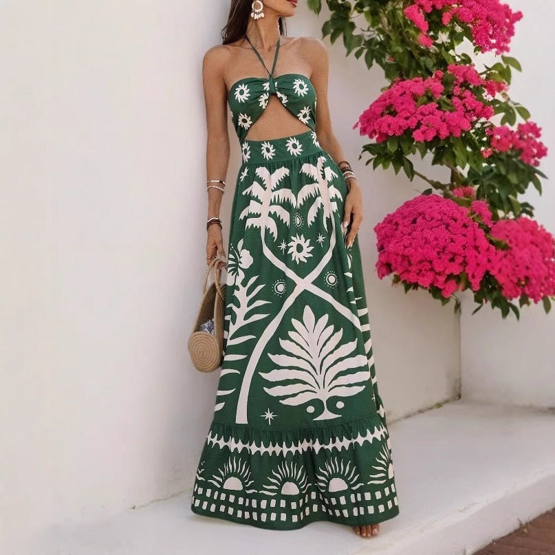 Women's Holiday Style Printed Front Cross Mid-length Dress.
