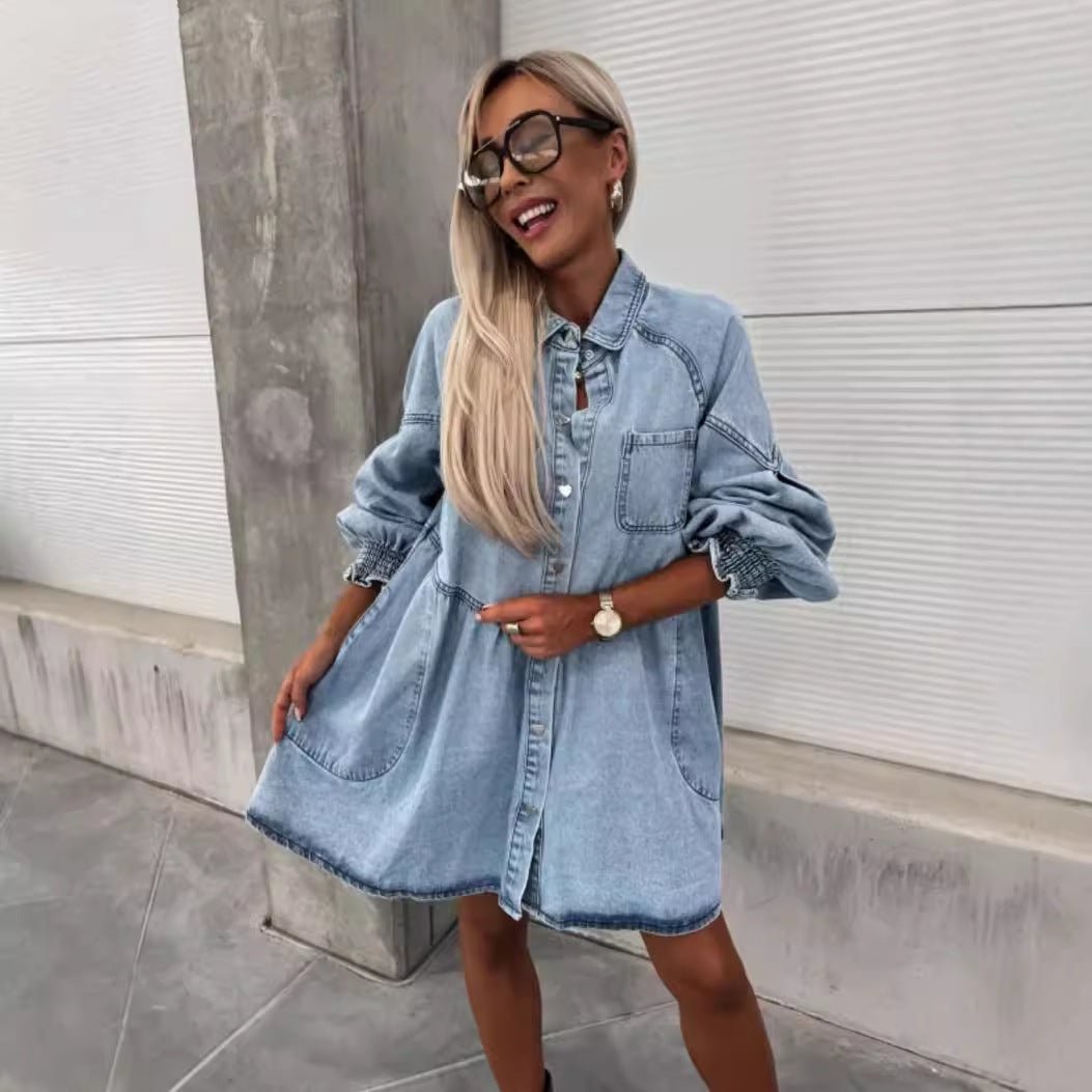 Women's New Spring And Summer Shirt Button Denim Long Sleeve Dress.