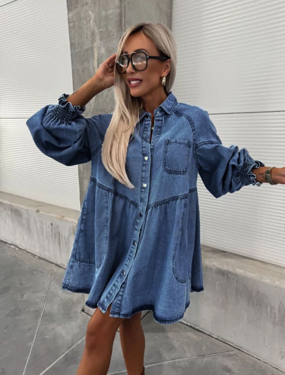 Women's New Spring And Summer Shirt Button Denim Long Sleeve Dress.