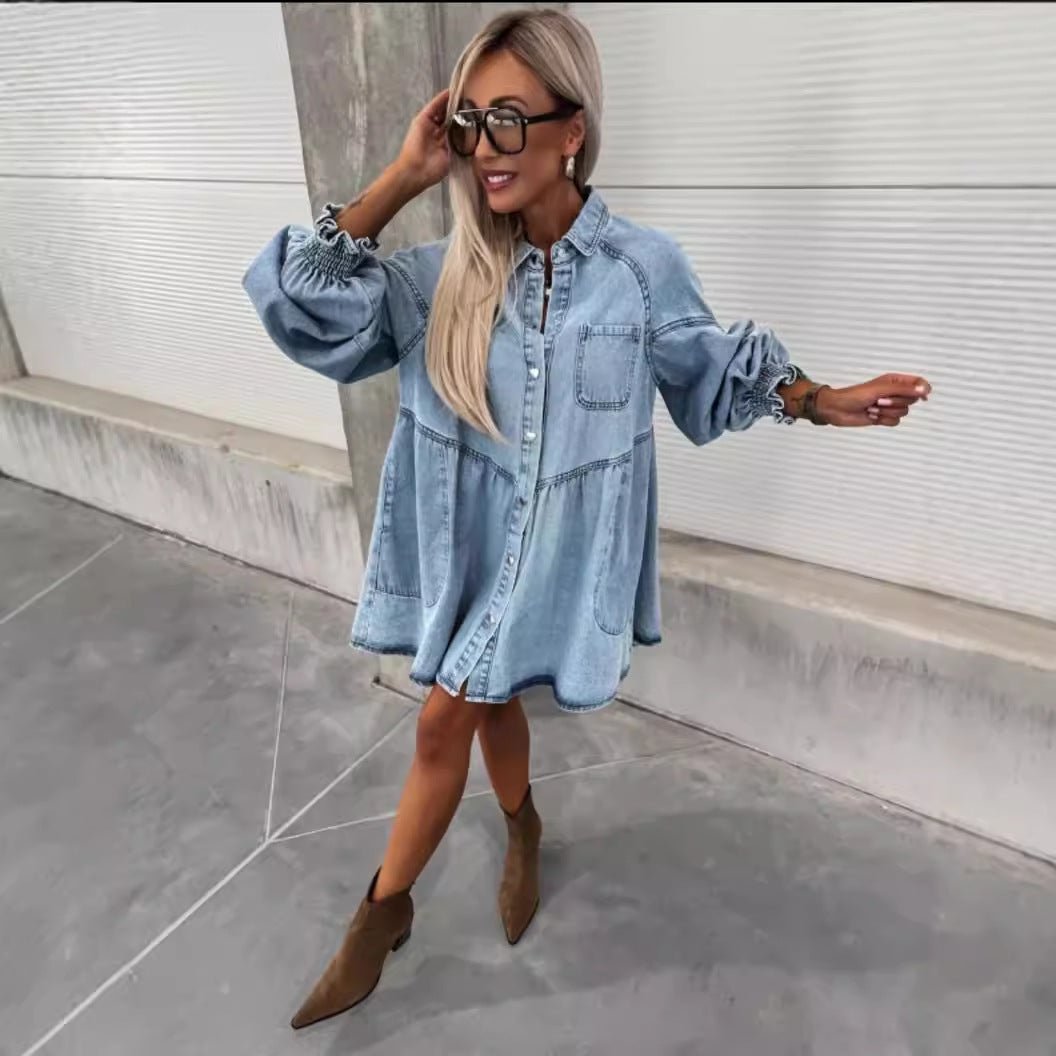 Women's New Spring And Summer Shirt Button Denim Long Sleeve Dress.