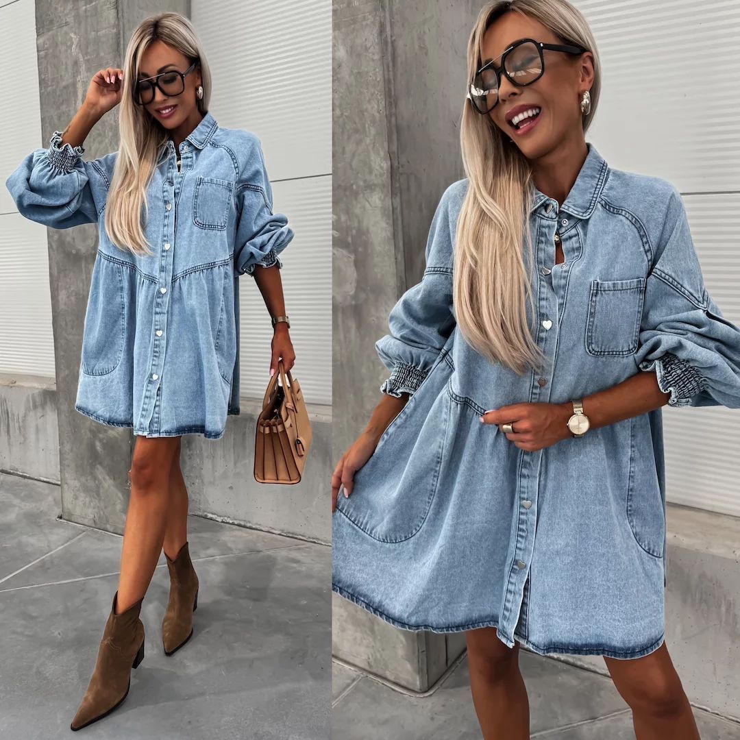Women's New Spring And Summer Shirt Button Denim Long Sleeve Dress.