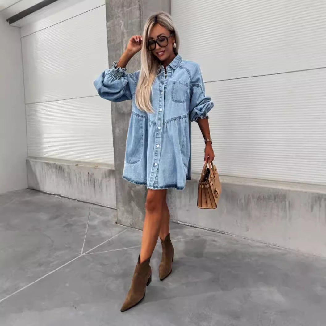 Women's New Spring And Summer Shirt Button Denim Long Sleeve Dress.