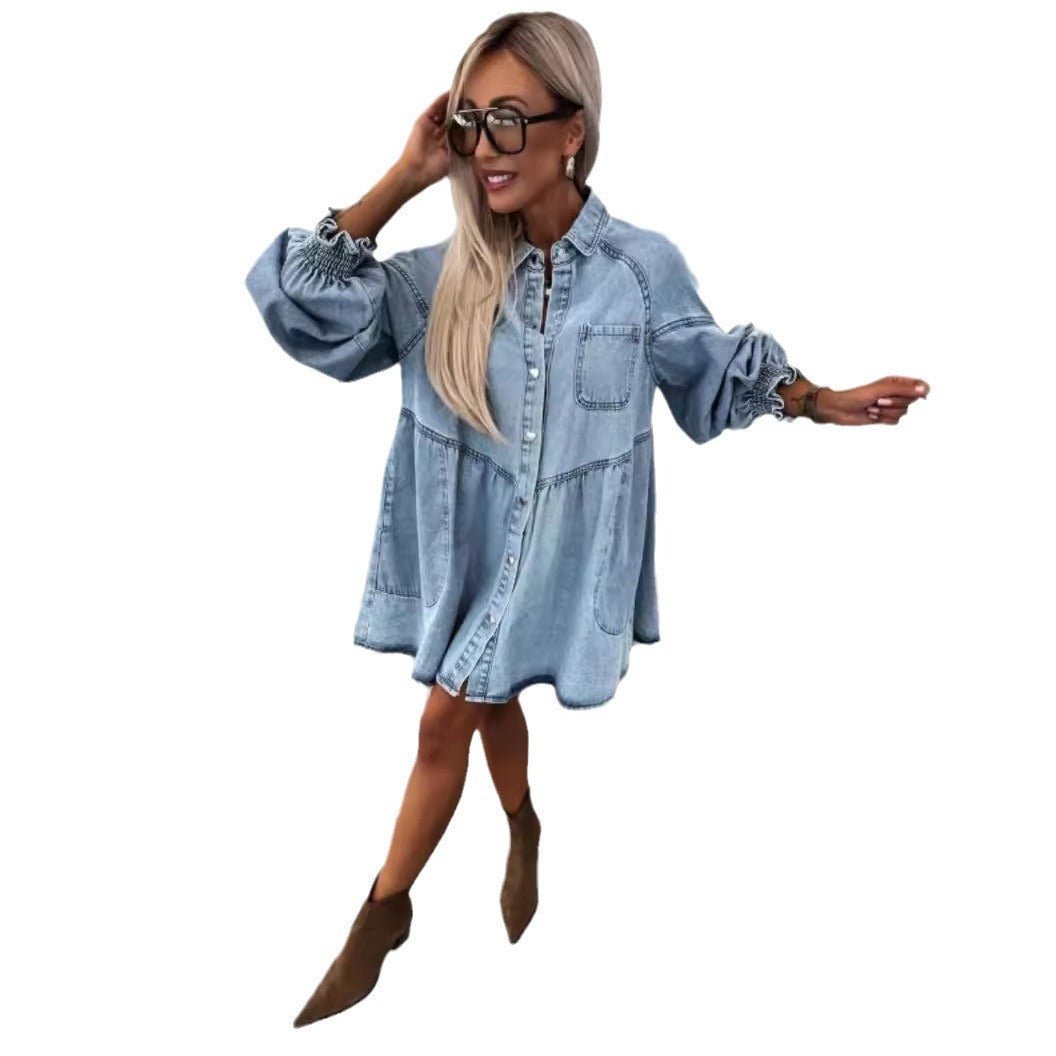 Women's New Spring And Summer Shirt Button Denim Long Sleeve Dress.