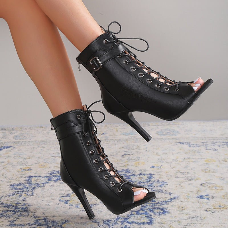 Women's Peep Toe High Heel Pumps Shoes Fashion Lace-up Buckle Sandals With Back Zipper Design.