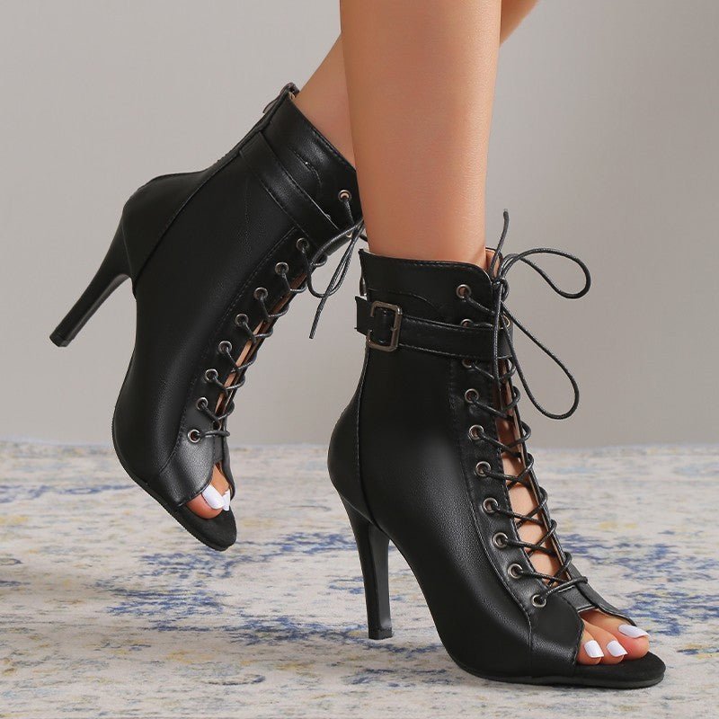 Women's Peep Toe High Heel Pumps Shoes Fashion Lace-up Buckle Sandals With Back Zipper Design.