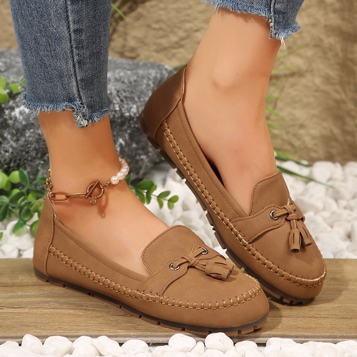 Women's Round Head Loafers Fashion Non-slip Soft Comfortable Flats Shoes.