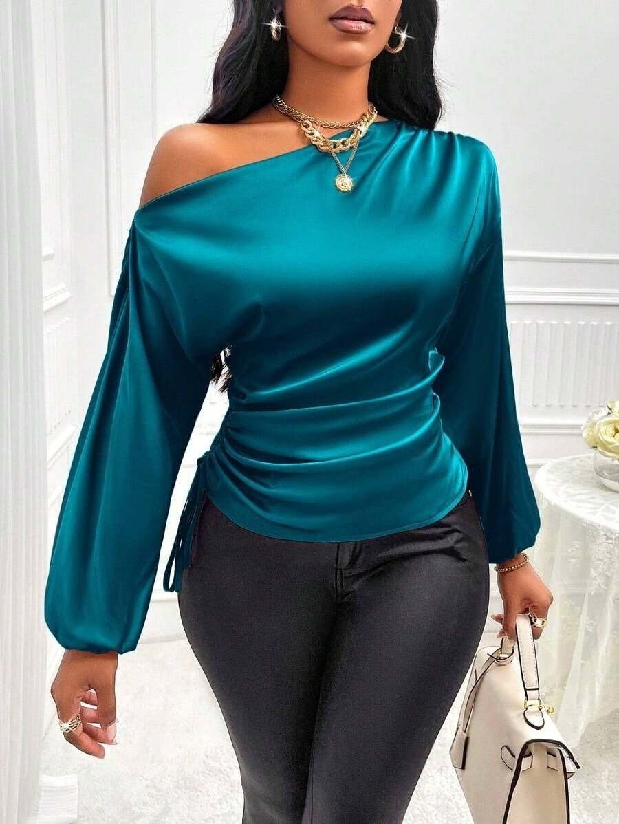 Women's Satin Shirt Asymmetric Long Sleeve Diagonal Collar Shirt Top.