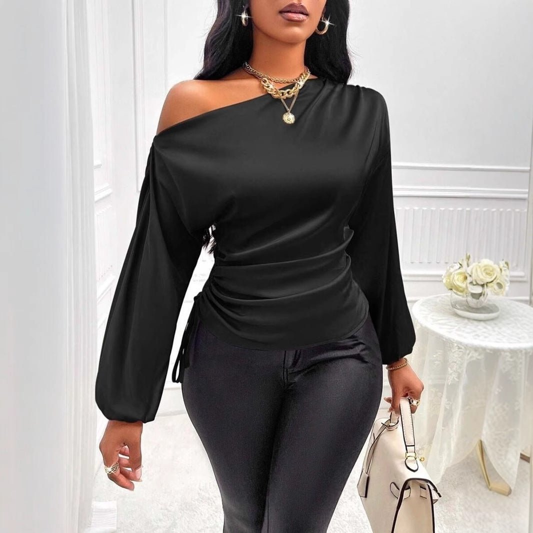 Women's Satin Shirt Asymmetric Long Sleeve Diagonal Collar Shirt Top.