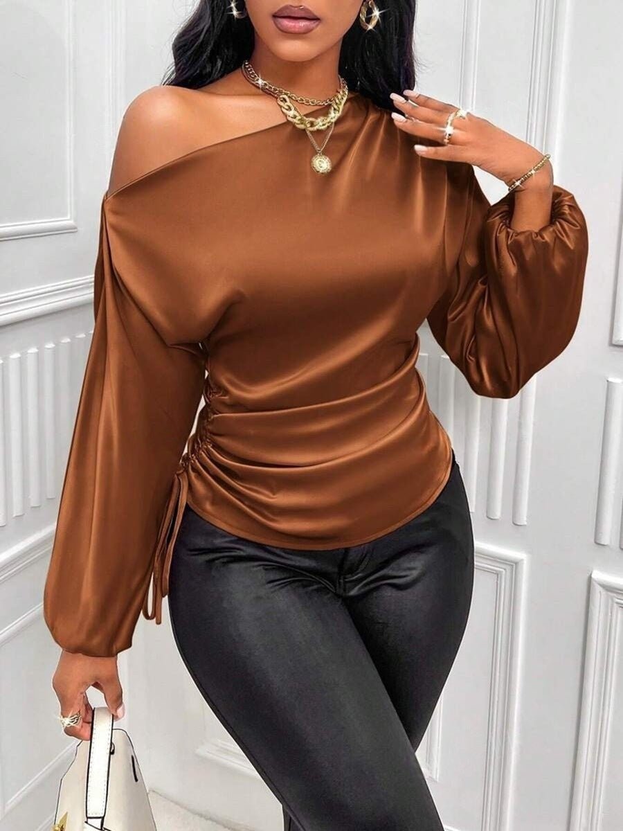 Women's Satin Shirt Asymmetric Long Sleeve Diagonal Collar Shirt Top.