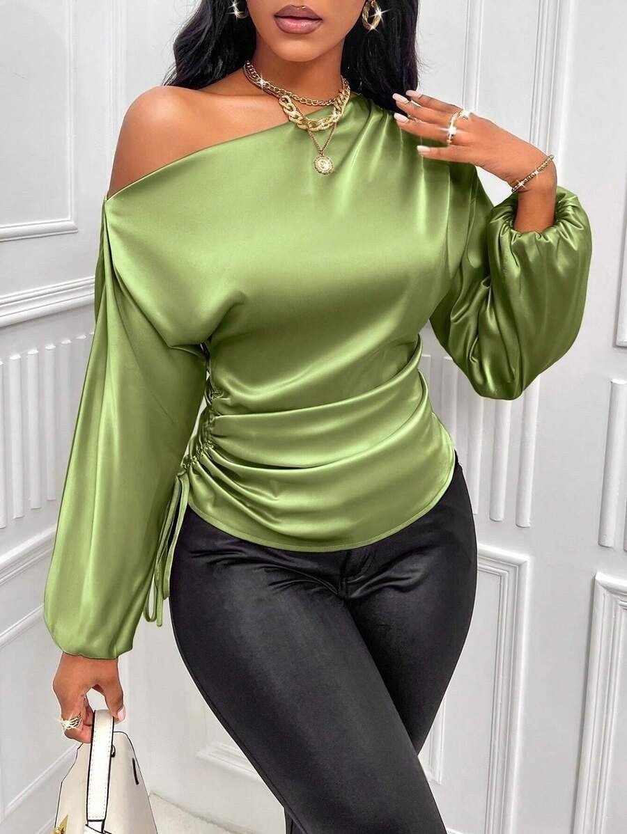 Women's Satin Shirt Asymmetric Long Sleeve Diagonal Collar Shirt Top.