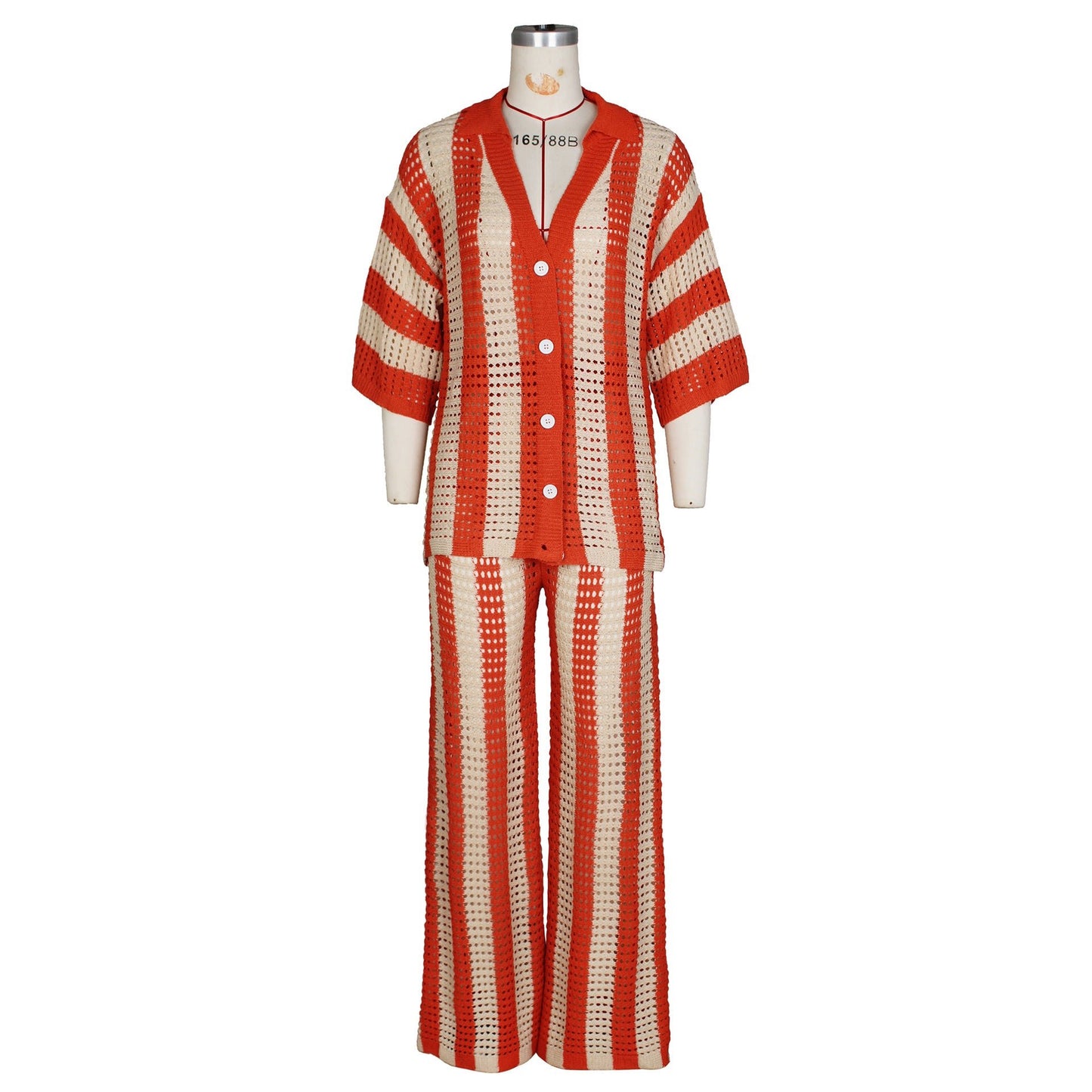 Women's Sexy V-neck Hollow Striped Lapel Knitted Width Blouse And Pants.