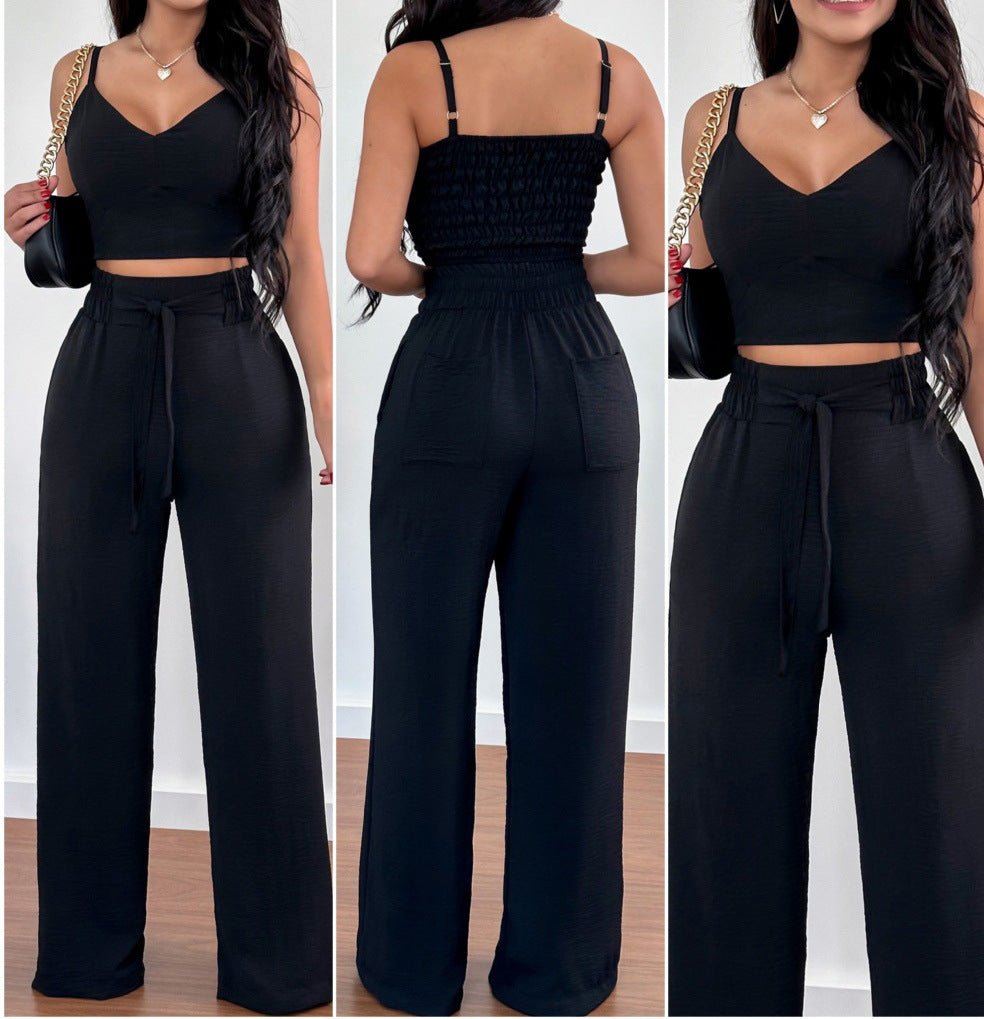 Women's Solid Color Slim Elastic Pleated Two-Piece Suit Sexy Spaghetti Strap V-neck Backless Vest High Waist Wide Leg Pants Suit.