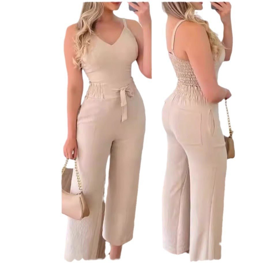 Women's Solid Color Slim Elastic Pleated Two-Piece Suit Sexy Spaghetti Strap V-neck Backless Vest High Waist Wide Leg Pants Suit.