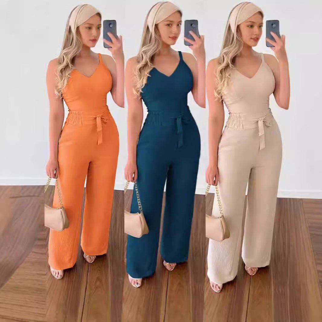 Women's Solid Color Slim Elastic Pleated Two-Piece Suit Sexy Spaghetti Strap V-neck Backless Vest High Waist Wide Leg Pants Suit.