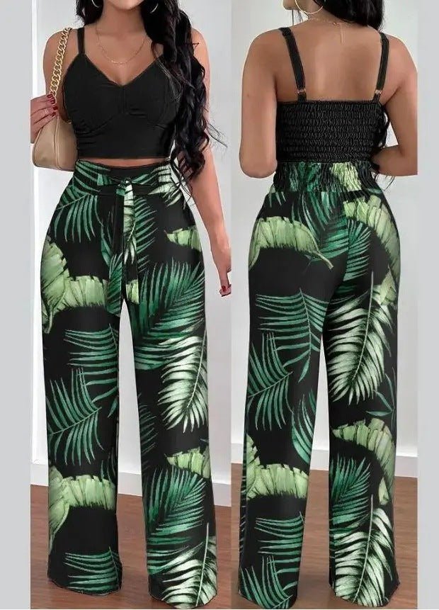 Women's Solid Color Slim Elastic Pleated Two-Piece Suit Sexy Spaghetti Strap V-neck Backless Vest High Waist Wide Leg Pants Suit.
