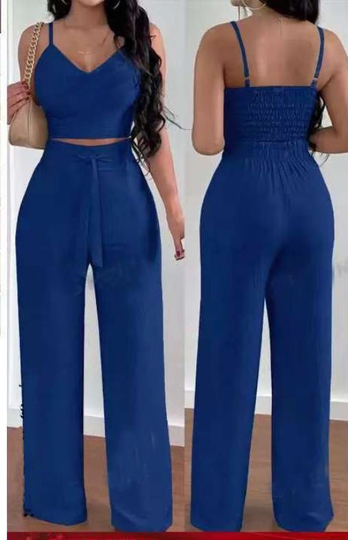 Women's Solid Color Slim Elastic Pleated Two-Piece Suit Sexy Spaghetti Strap V-neck Backless Vest High Waist Wide Leg Pants Suit.