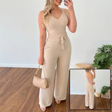Women's Solid Color Slim Elastic Pleated Two-Piece Suit Sexy Spaghetti Strap V-neck Backless Vest High Waist Wide Leg Pants Suit.