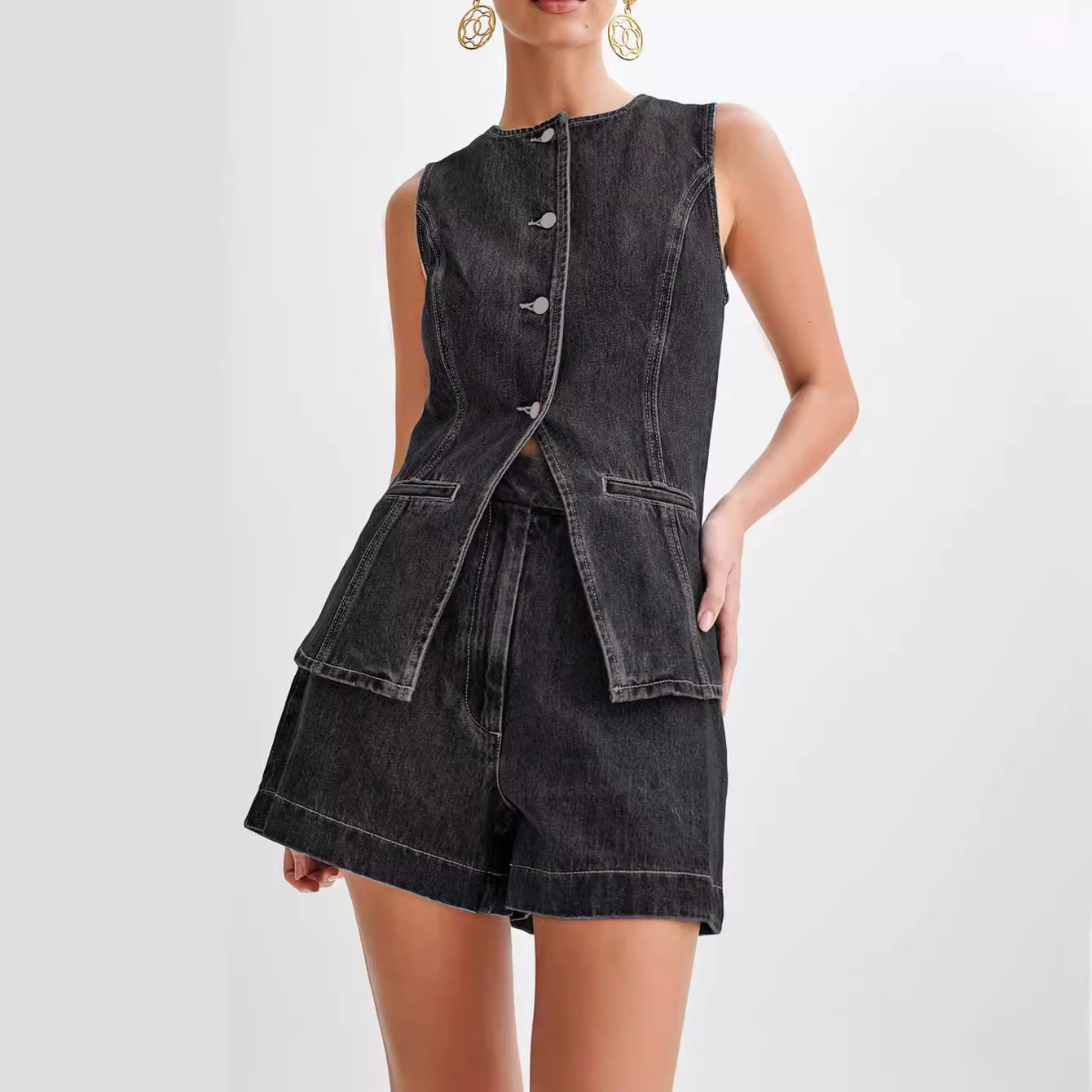 Denim Fashion Casual Sleeveless Women's Suit.