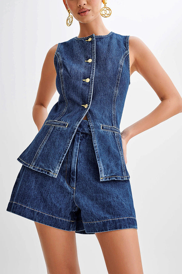 Denim Fashion Casual Sleeveless Women's Suit.